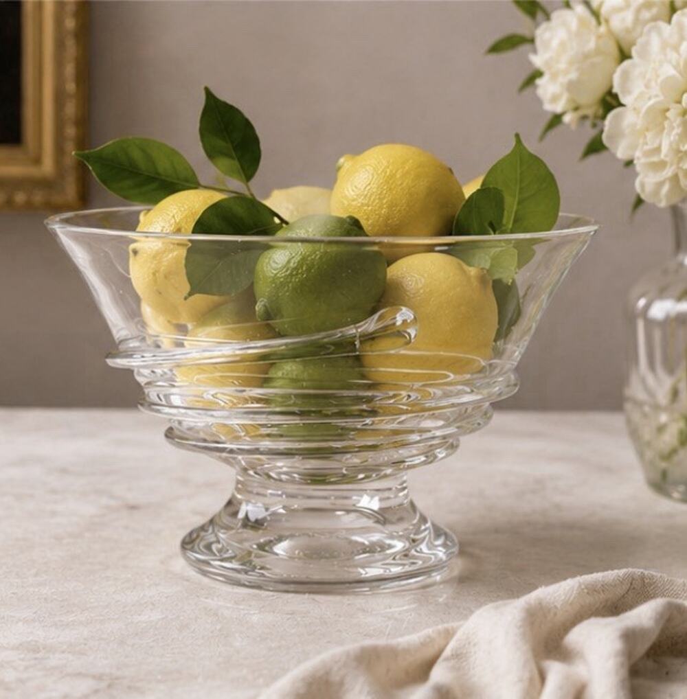 Handmade Art Glass Pedestal Centerpiece Fruit Bowl Clear Spiral Swirl Design 8"